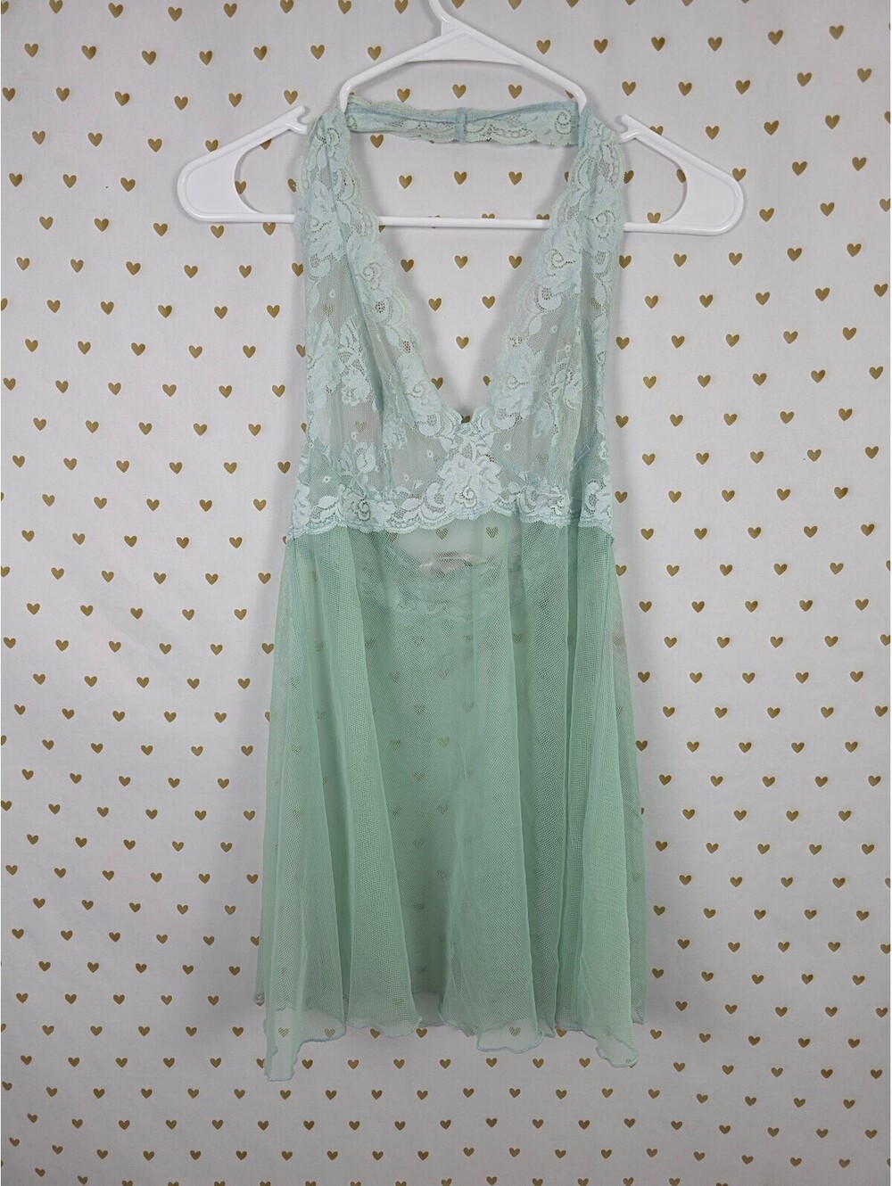 Victorias Secret Mint stretch Halter Nightie Slip Dress Lingerie Sheer Small